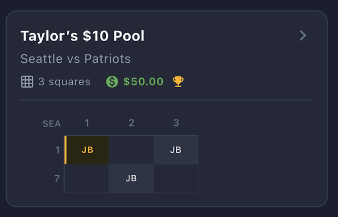 SquareUp app showing football squares board